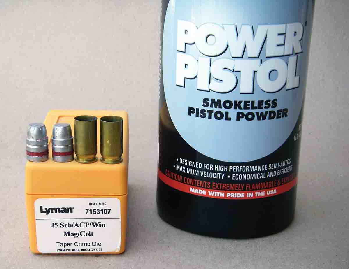 Alliant Power Pistol is a good choice for .45 ACP loads fired in revolvers using Keith-style cast bullets from RCBS mould 45-270-SAA. A taper crimp is required to assure reliable headspace control.